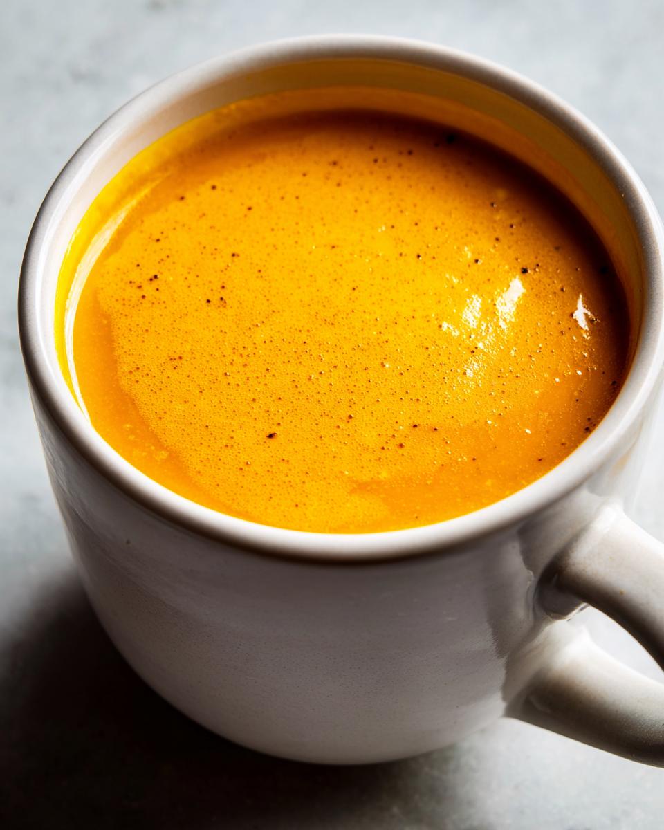 Close-up of vibrant orange, creamy butternut squash soup served in a light gray mug.