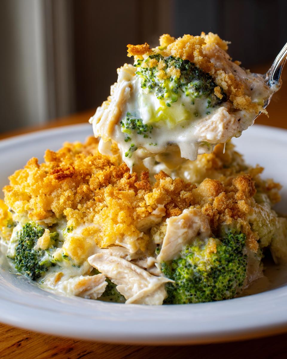 A spoonful of creamy Chicken Divan casserole, showing tender chicken, bright green broccoli, and a golden crumb topping being lifted from the dish.