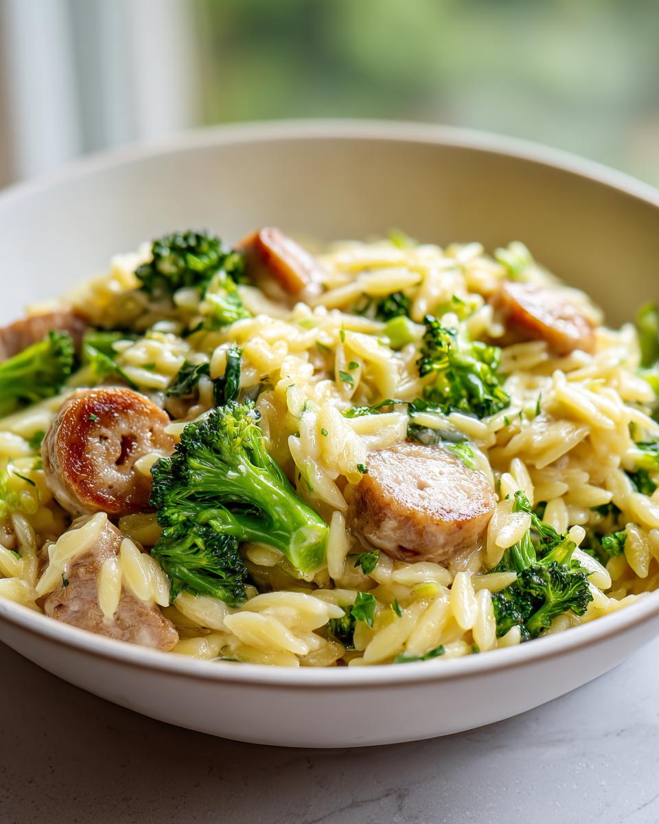 Close-up of a creamy chicken sausage and broccoli orzo dish served in a light-colored bowl.