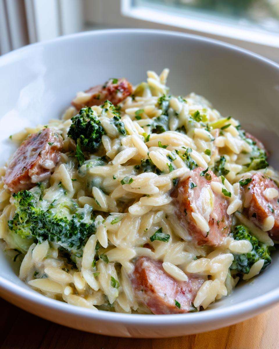 Close-up of creamy chicken sausage and broccoli orzo pasta dish garnished with parsley in a white bowl.