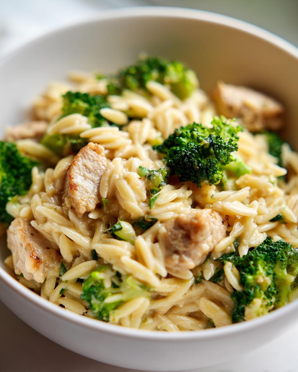 Close-up of creamy chicken sausage and broccoli orzo served in a white bowl.