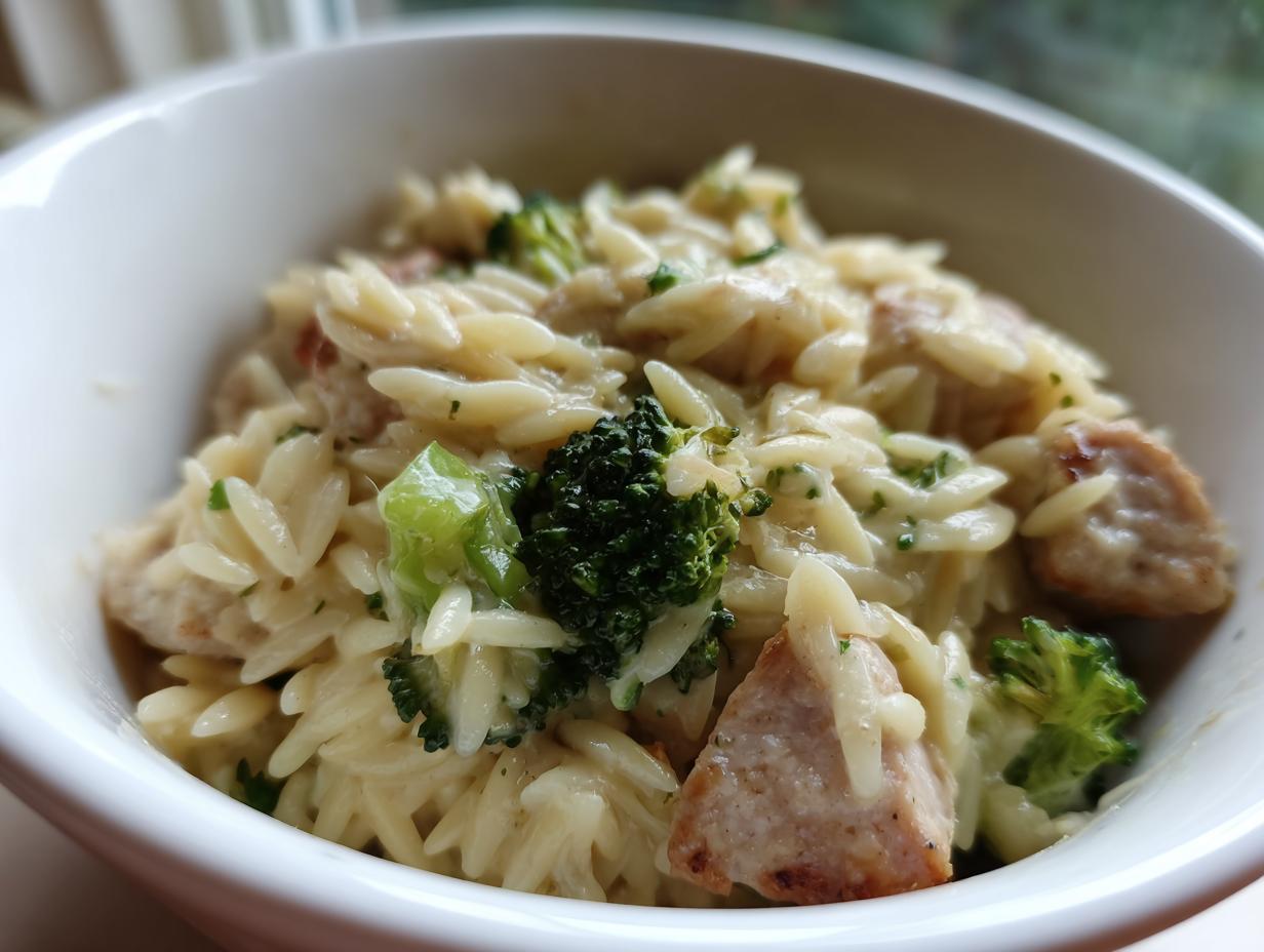 Close-up of creamy chicken sausage and broccoli orzo served in a white bowl.