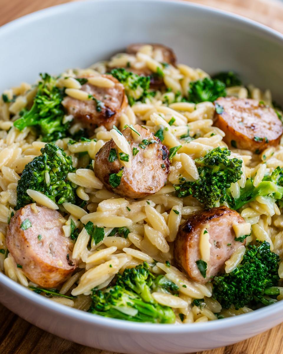 Close-up of creamy chicken sausage and broccoli orzo in a white bowl, garnished with parsley.