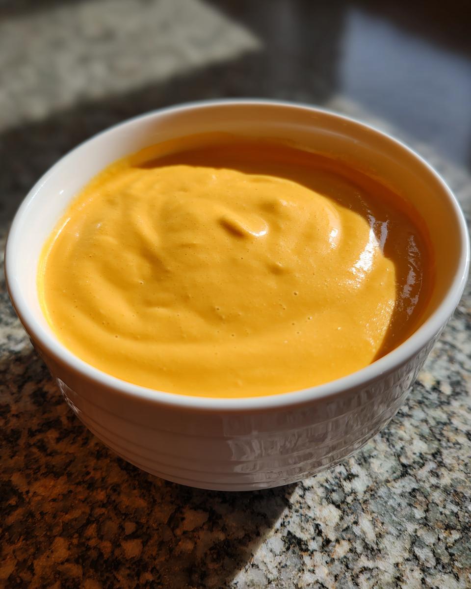 A close-up of smooth, bright orange cottage cheese queso served in a white bowl on a granite countertop.