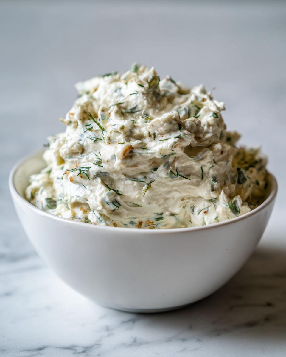 A generous serving of creamy dill pickle dip, flecked with fresh dill and pickle pieces, mounded in a white bowl.