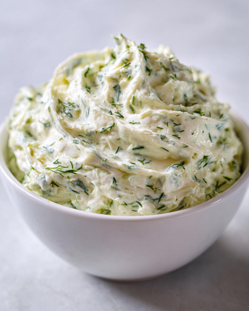 Close-up of creamy, whipped dill pickle dip mixed with fresh dill, served in a white bowl.