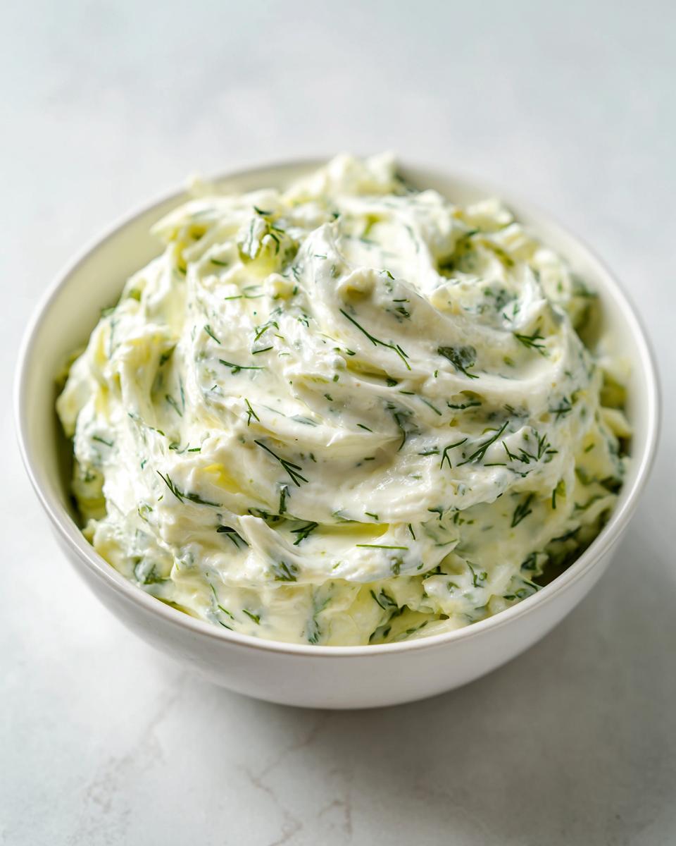 Close-up of creamy dill pickle dip mixed with fresh dill, served in a white bowl.