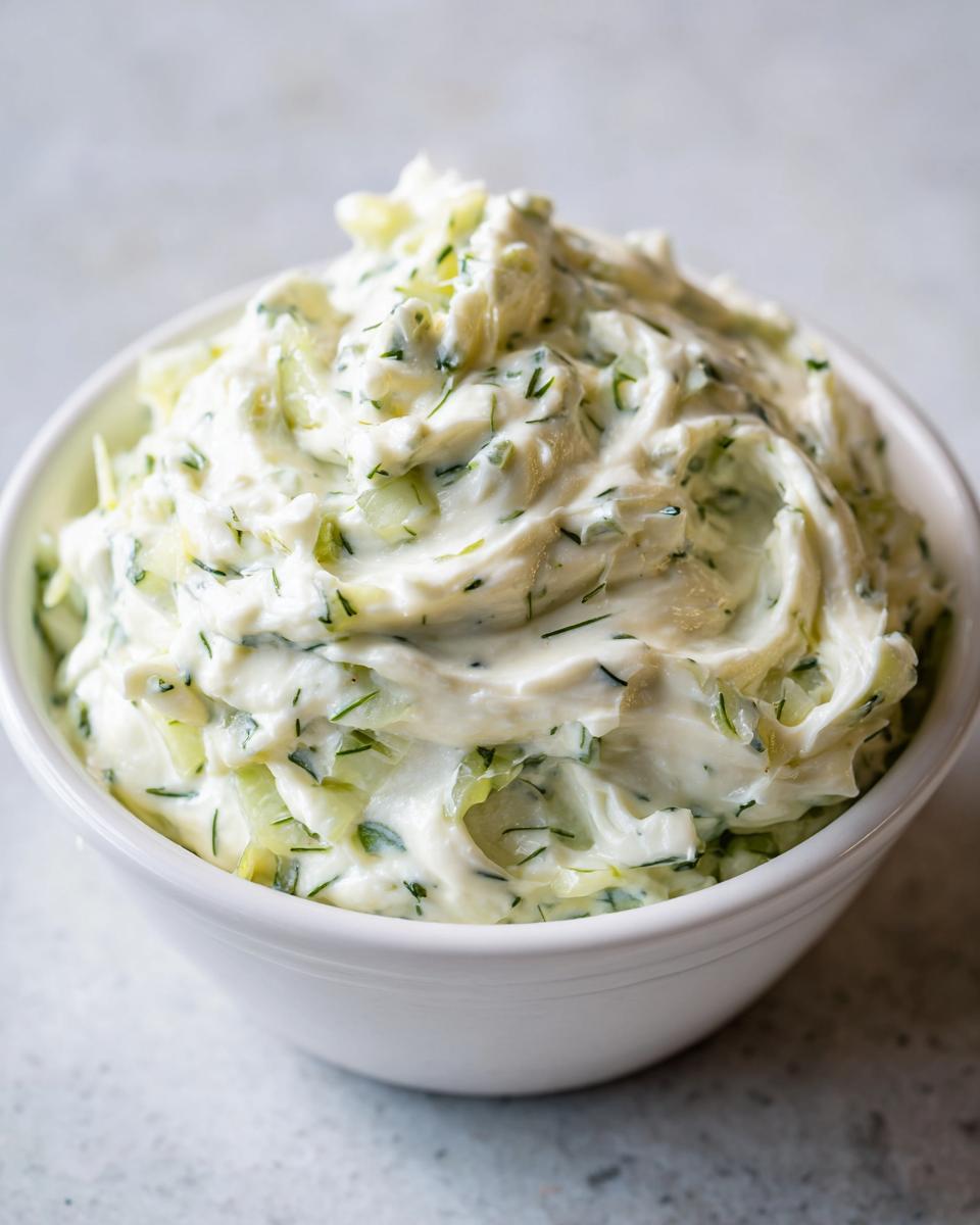 Close-up of a creamy, textured dill pickle dip mixed with chopped pickles and fresh dill in a white bowl.