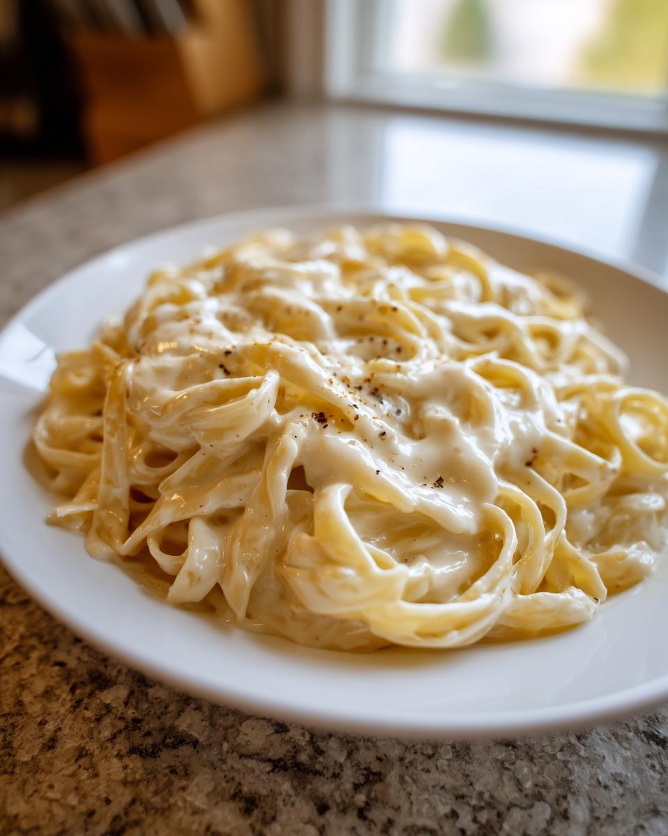 A close-up of fettuccine pasta generously coated in creamy Olive Garden Alfredo Sauce and topped with black pepper.