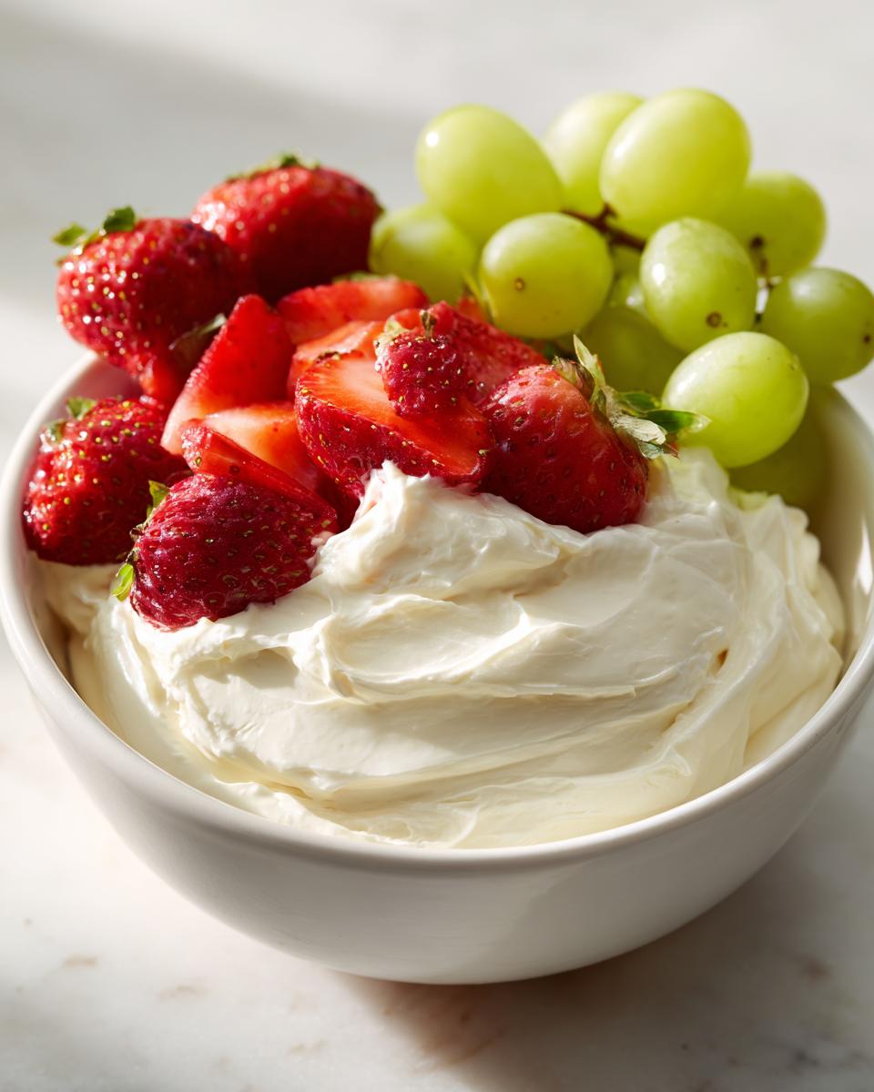 Close-up of a bowl of creamy fruit dip topped with fresh strawberries and green grapes.