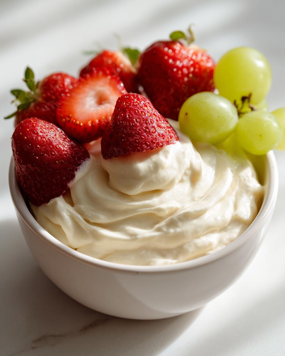 A close-up of creamy fruit dip in a white bowl, topped with fresh strawberries and green grapes.