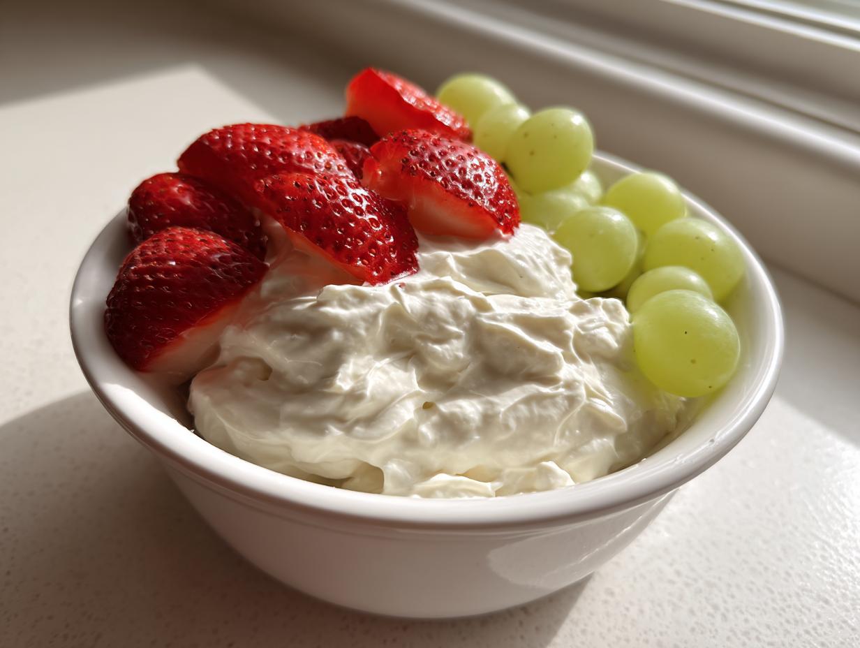 A white bowl filled with creamy fruit dip topped with sliced strawberries and green grapes.