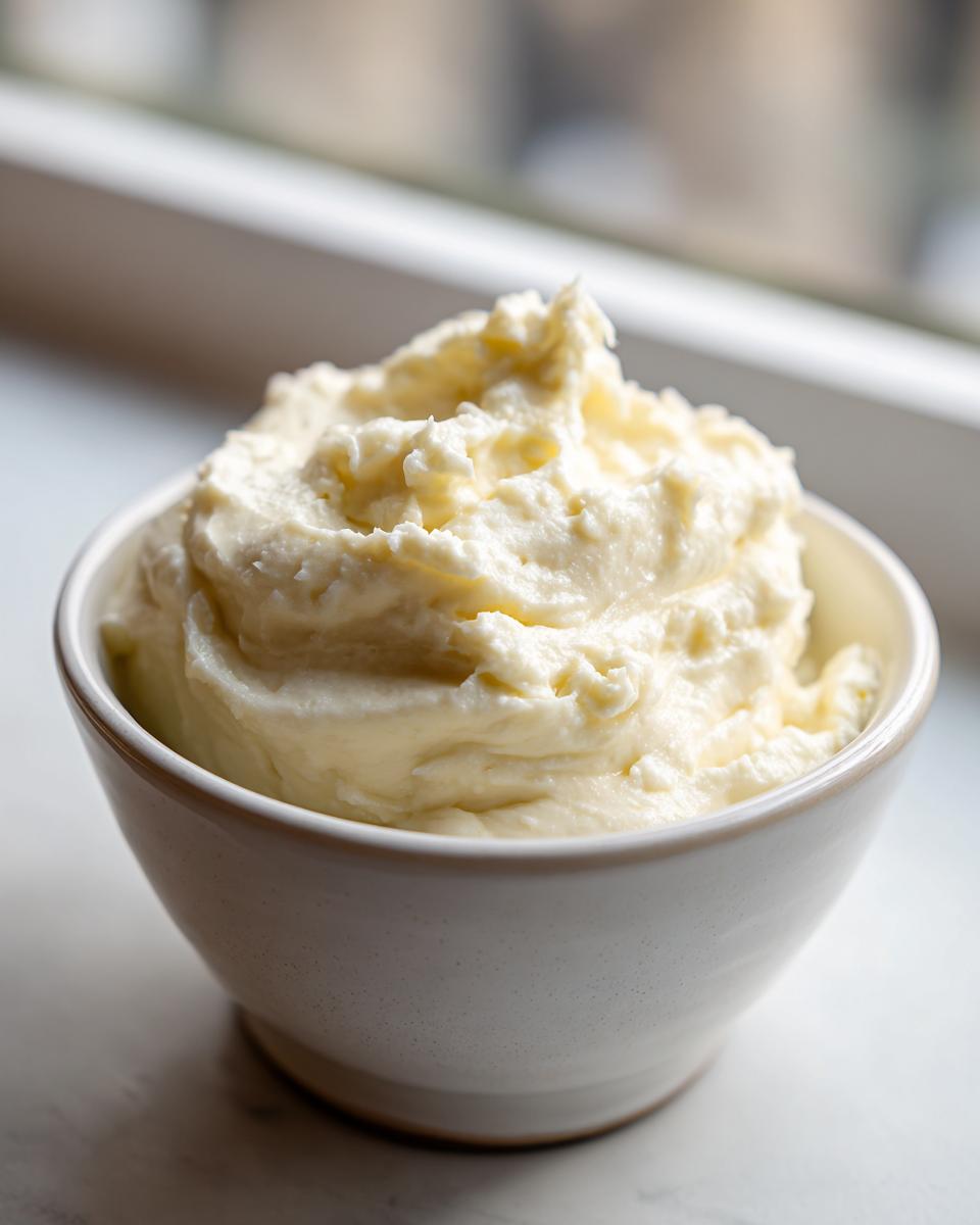 A close-up of thick, creamy homemade garlic aioli swirled high in a small, speckled white bowl.