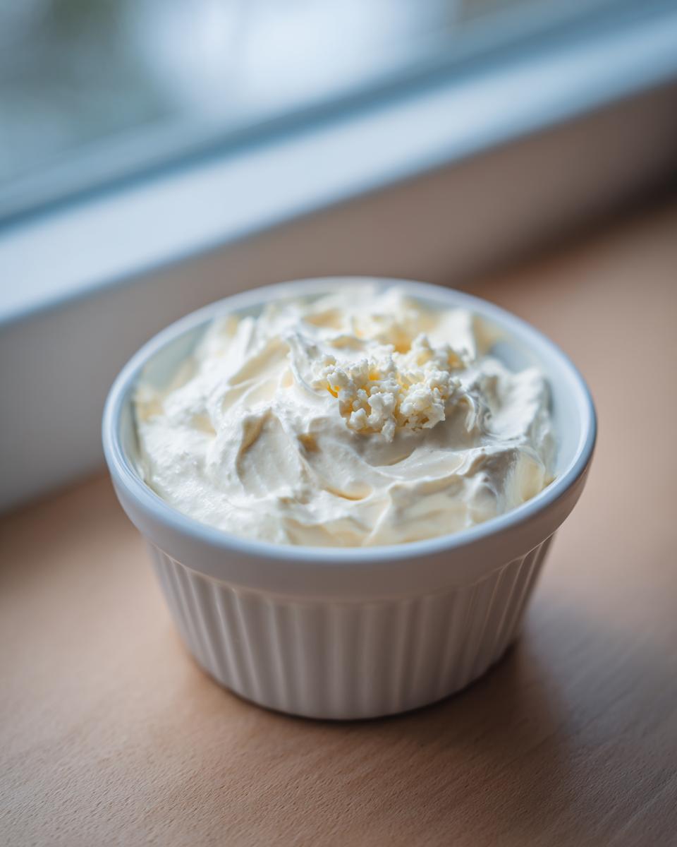 A small white ramekin filled with creamy, pale yellow homemade garlic aioli, topped with a small dollop of minced garlic.