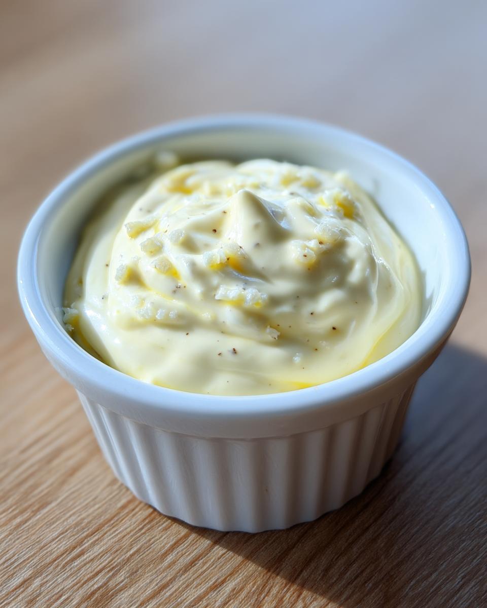 A close-up of rich, creamy homemade garlic aioli topped with minced garlic pieces, served in a white ramekin.