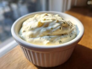 Close-up of thick, creamy homemade garlic aioli speckled with herbs in a small white ramekin.