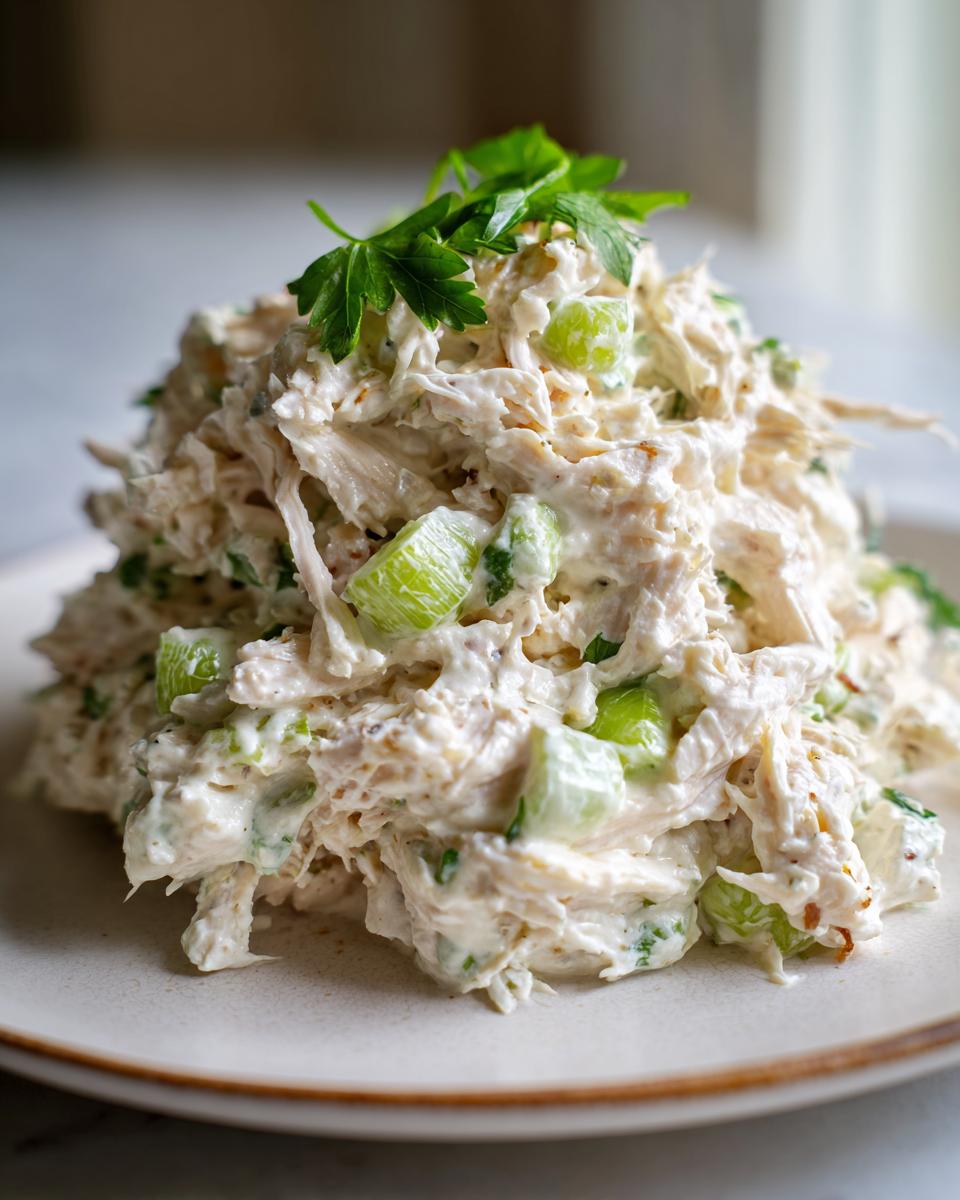 A mound of creamy greek yogurt chicken salad mixed with chopped celery and topped with fresh parsley on a light plate.