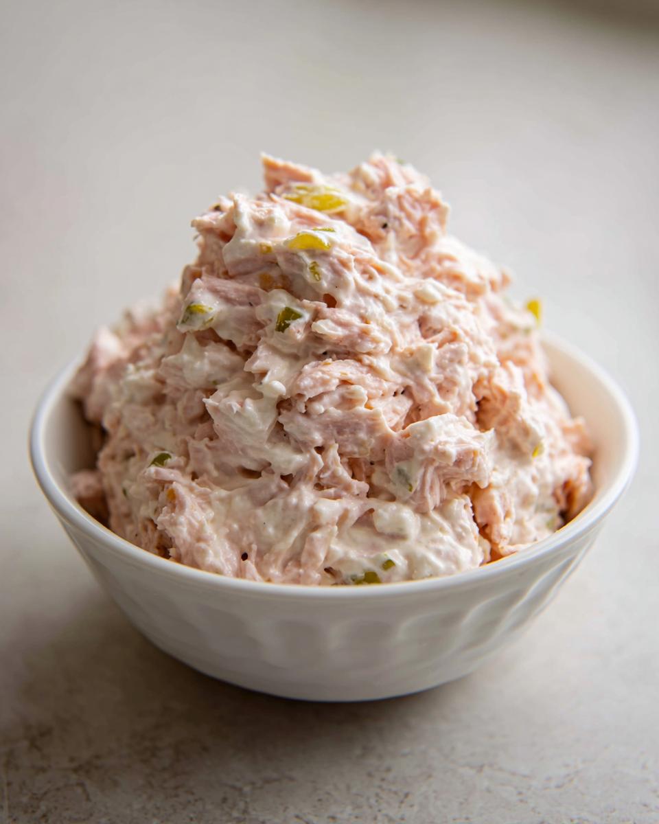 A white bowl filled high with creamy, shredded ham salad recipe, featuring visible pieces of ham and relish.