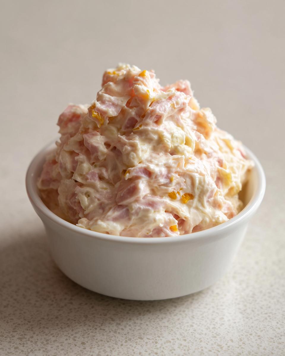 A close-up of creamy, chunky ham salad recipe served in a small white bowl on a light countertop.