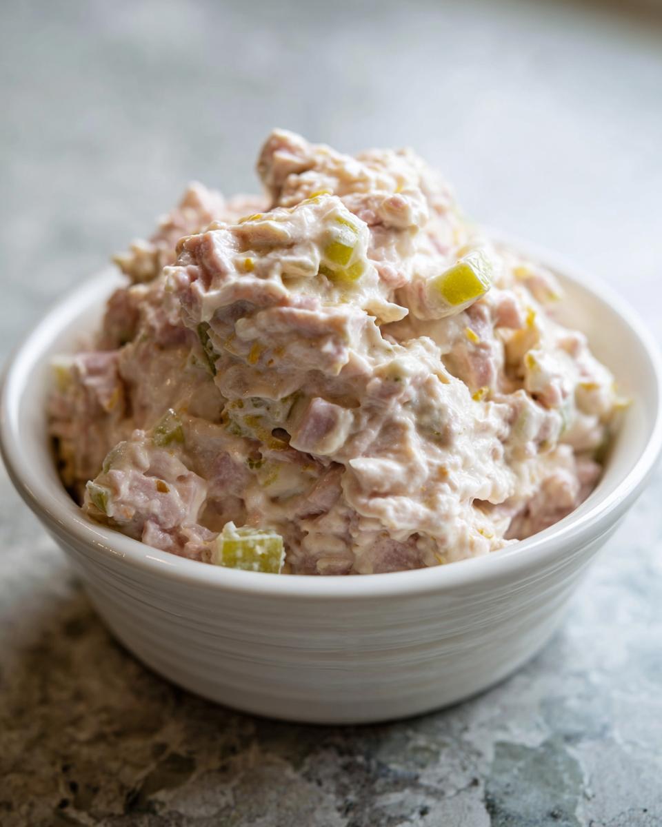 A close-up of a creamy ham salad recipe mixture with visible chunks of ham and celery served in a white bowl.