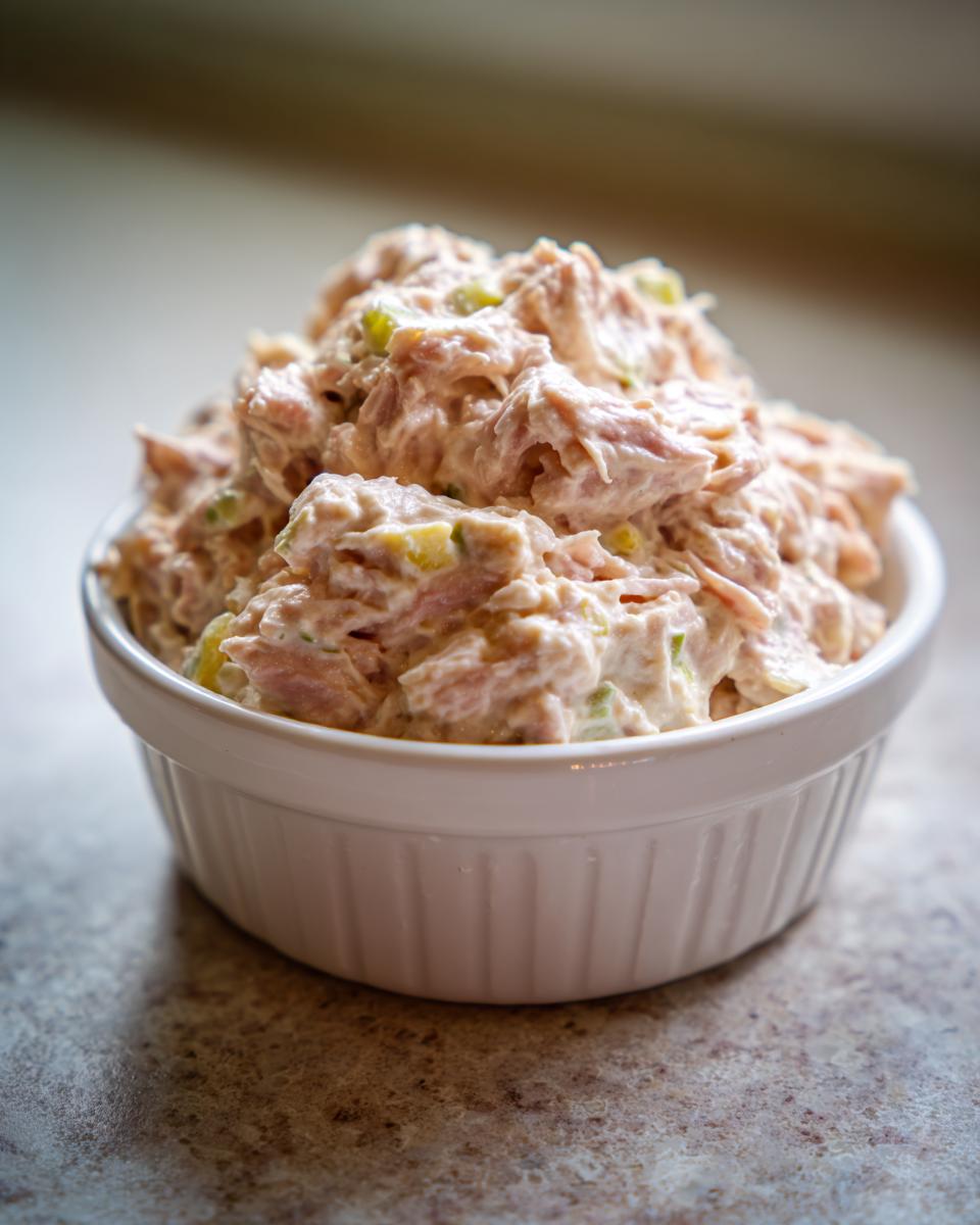 A close-up of creamy, chunky ham salad recipe served high in a small white fluted bowl.