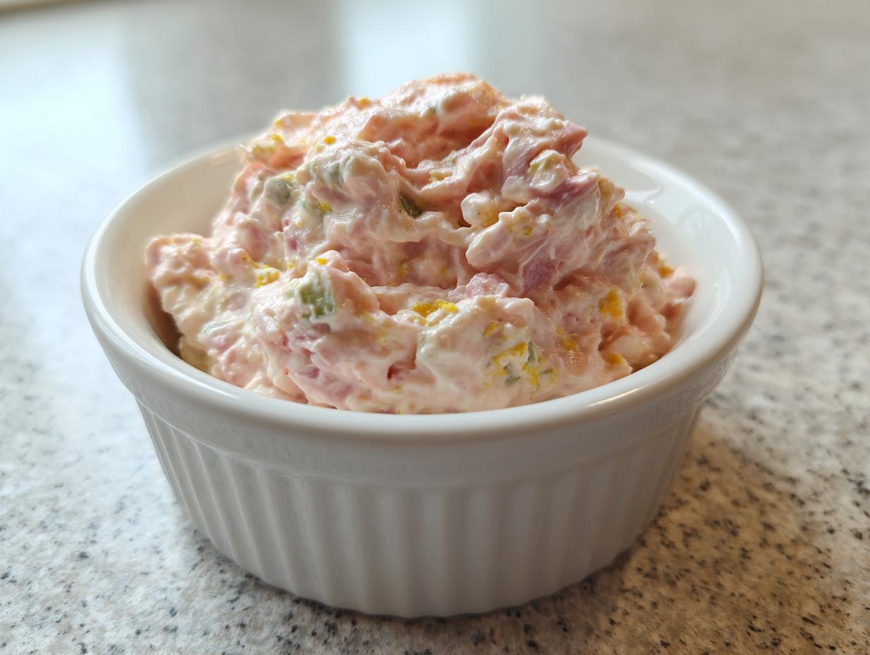 A close-up of a creamy portion of ham salad recipe served in a small, white, fluted ramekin on a speckled countertop.