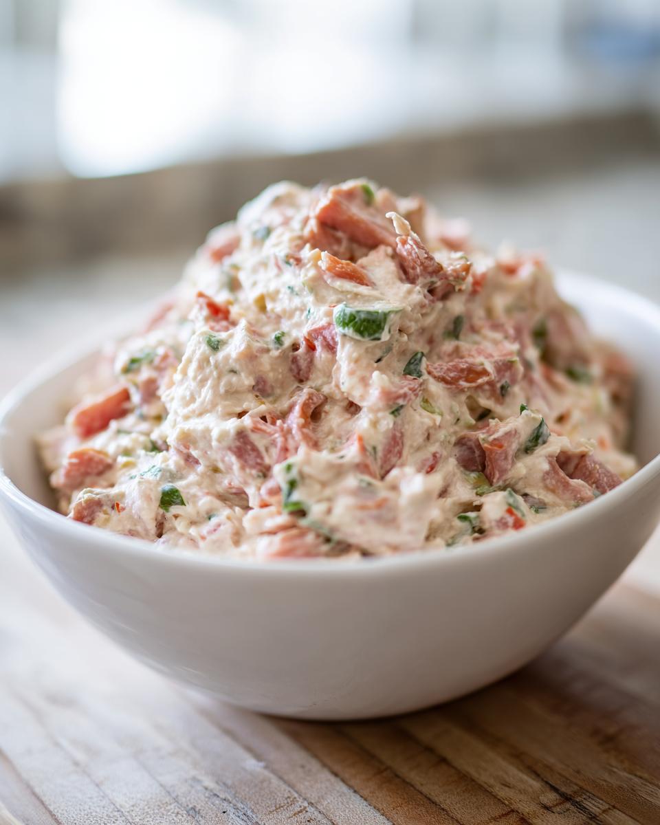 A close-up of creamy, chunky hoagie dip filled with meat and vegetables served in a white bowl.