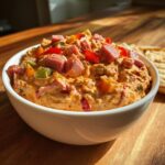 A close-up of creamy, orange-tinted hoagie dip topped with cubes of ham and diced peppers, served in a white bowl.