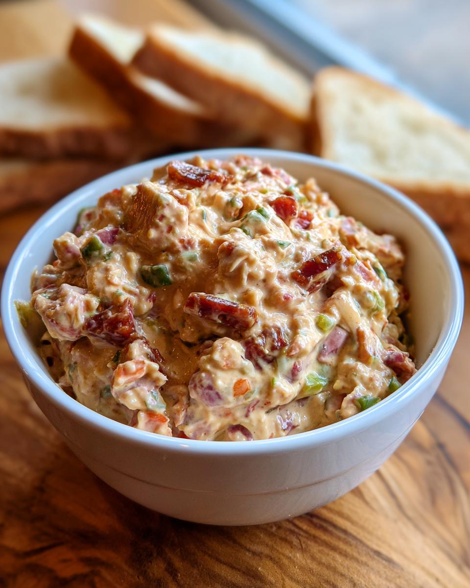 Close-up of a white bowl filled with creamy, savory hoagie dip topped with bacon pieces, served with sliced bread.