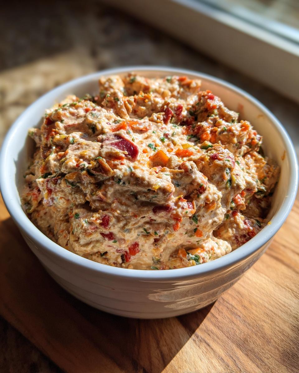A close-up of thick, creamy hoagie dip mixed with visible red peppers and herbs, served in a white bowl.