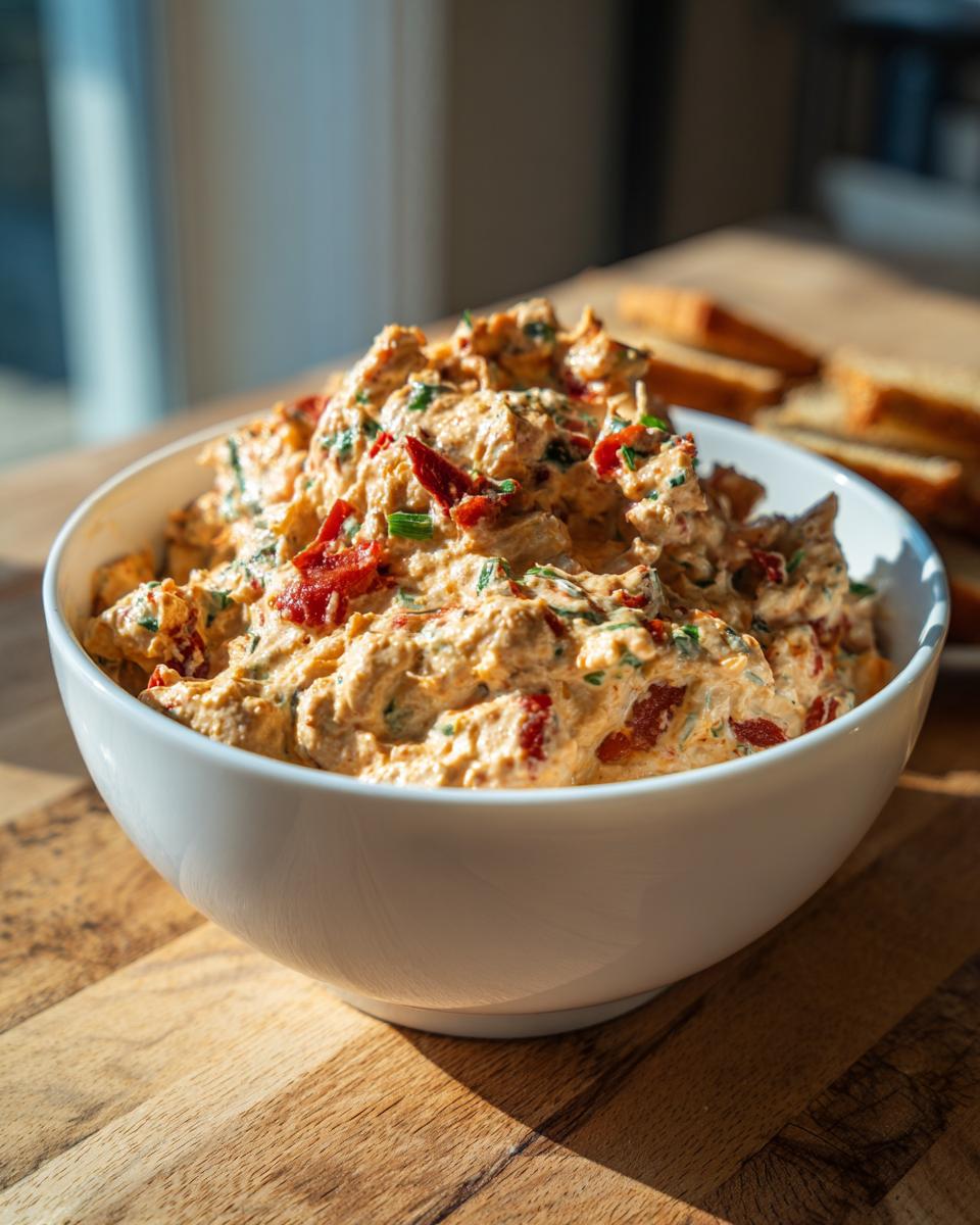 A close-up of creamy, textured hoagie dip mixed with sun-dried tomatoes and herbs in a white bowl.