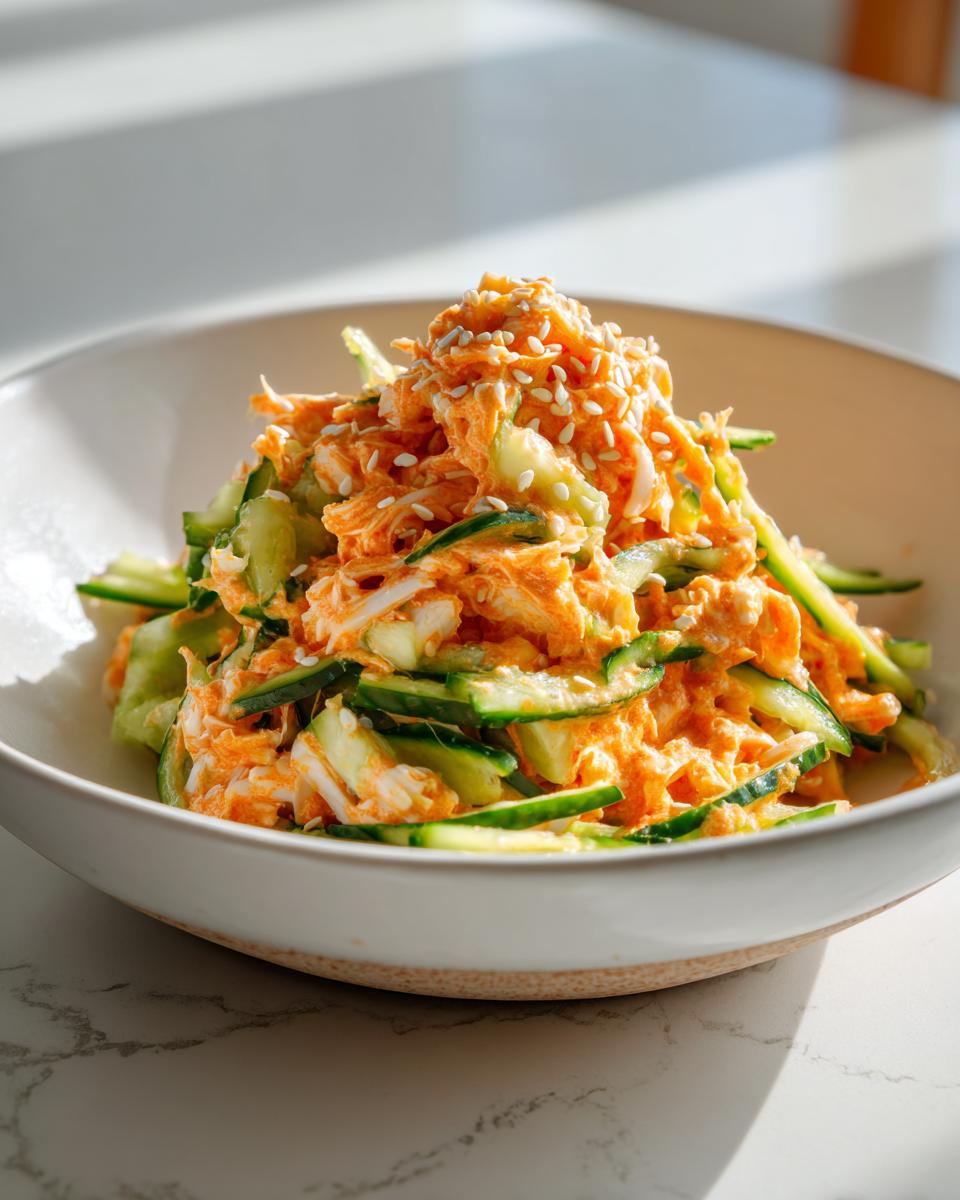 A bowl filled with vibrant kani salad, featuring shredded imitation crab mixed with creamy sauce and crisp cucumber slices, topped with sesame seeds.