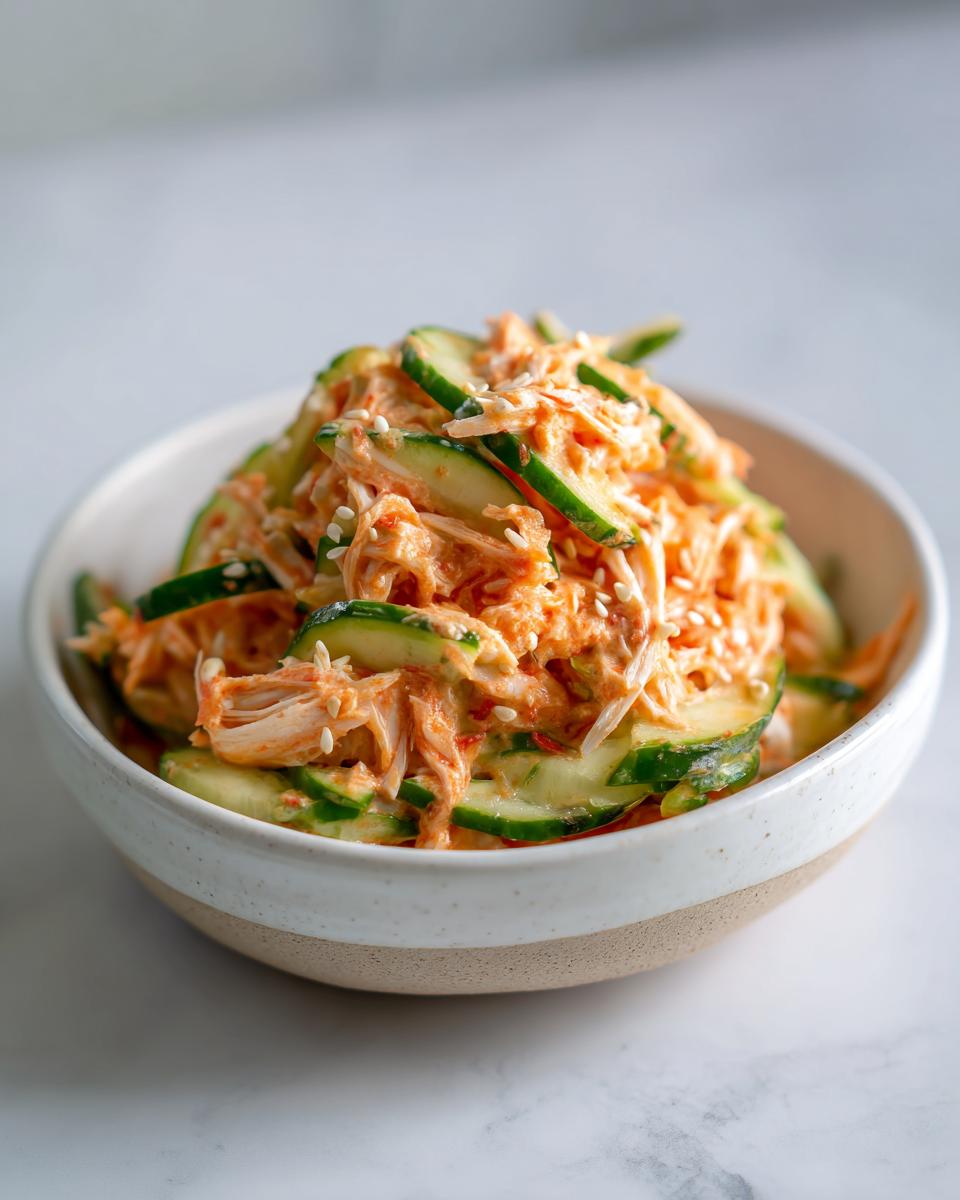 A close-up shot of a bowl filled with creamy, shredded kani salad mixed with thinly sliced cucumbers and topped with sesame seeds.
