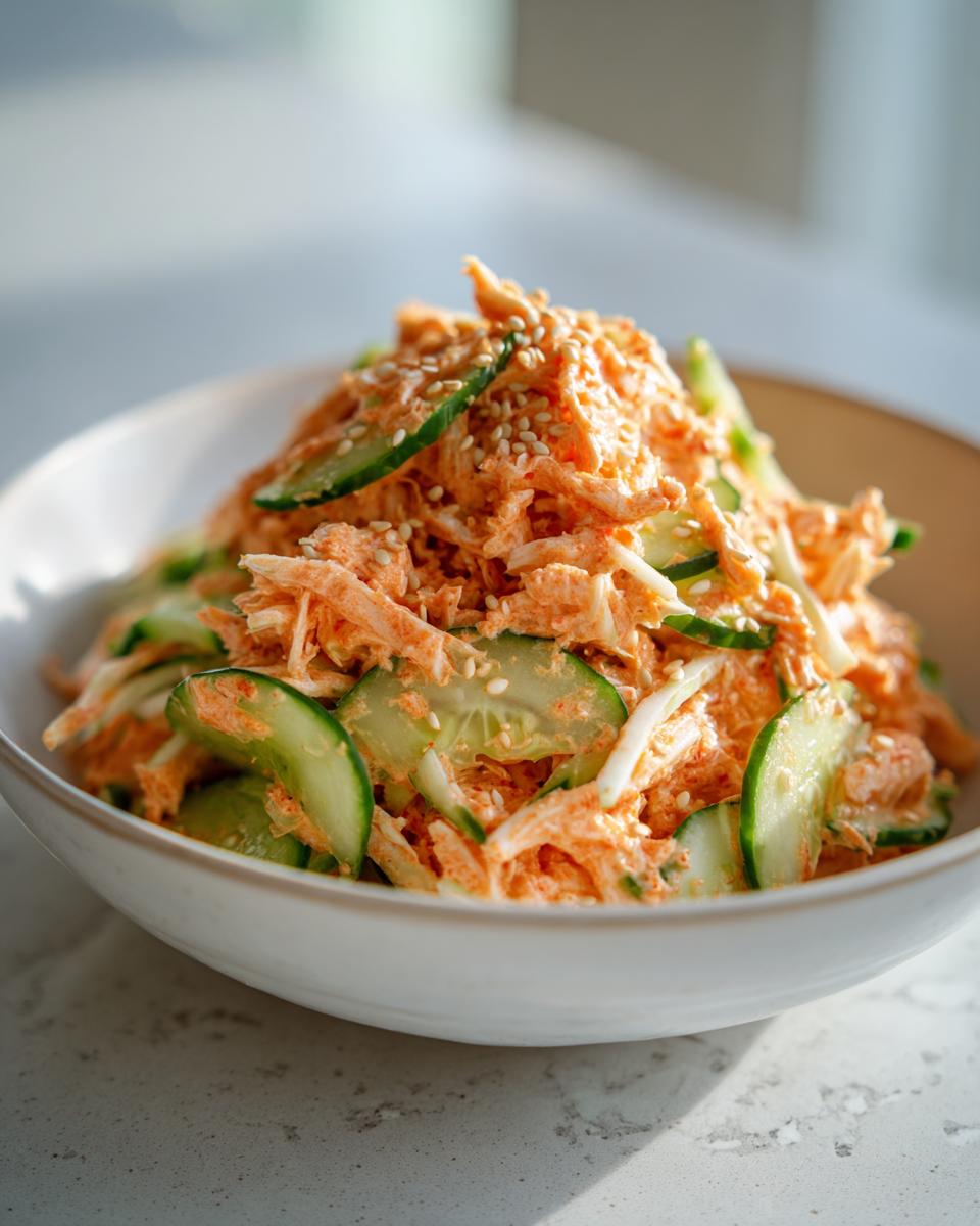 A bowl filled with bright orange and white kani salad mixed with sliced cucumbers and topped with sesame seeds.