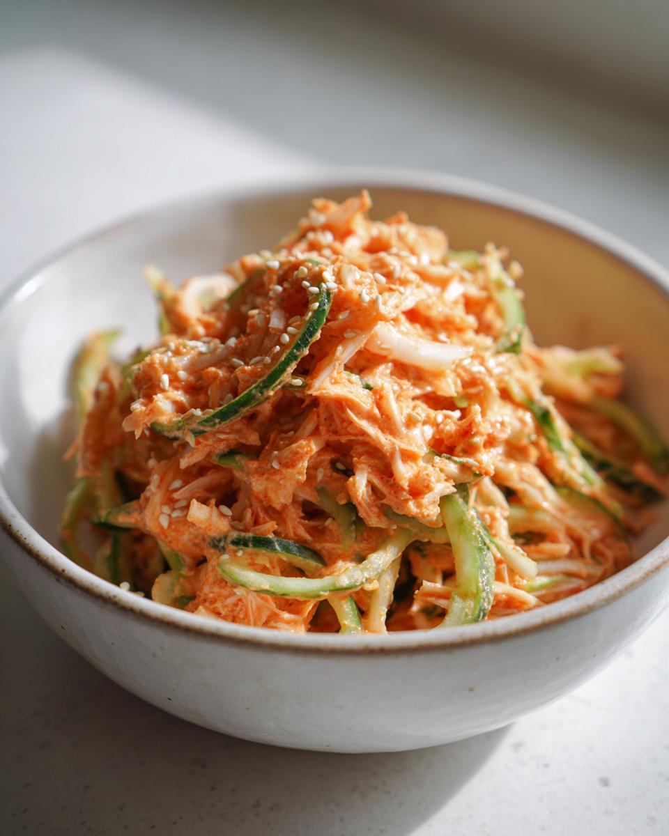 A close-up shot of a bowl filled with creamy, orange-tinted kani salad mixed with shredded cucumber and topped with sesame seeds.