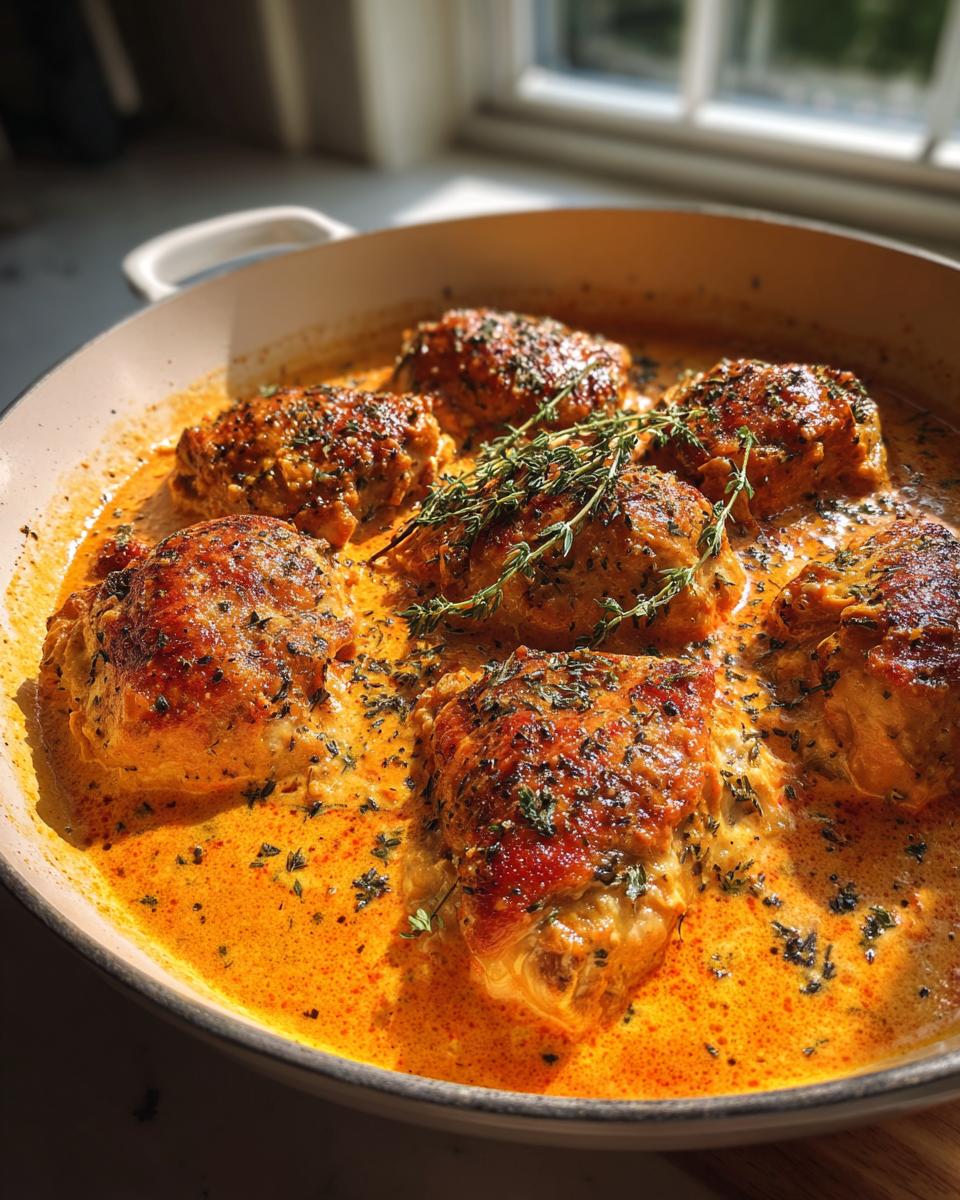 Six pieces of seared marry me chicken simmering in a rich, orange-hued cream sauce, garnished with fresh thyme.