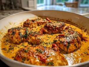 Four golden-brown chicken breasts simmering in a rich, creamy sauce with herbs and sun-dried tomatoes, preparing the Marry Me Chicken.
