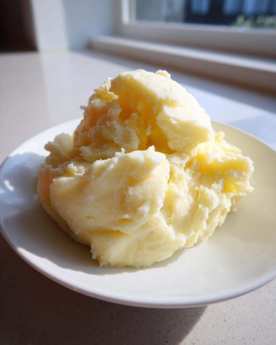 A generous serving of creamy, fluffy mashed potatoes piled high on a white plate, highlighted by natural light.
