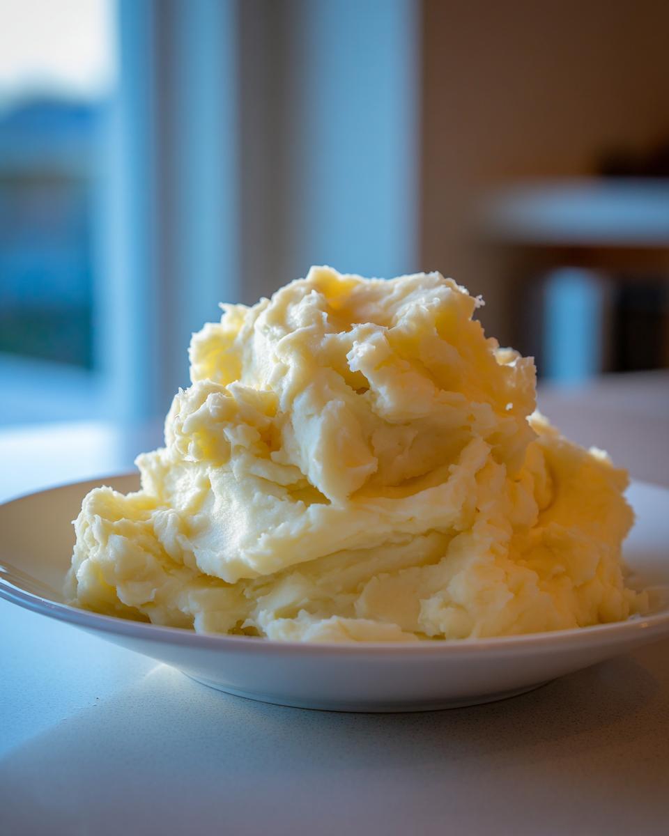 A generous serving of creamy, fluffy mashed potatoes piled high on a white plate.