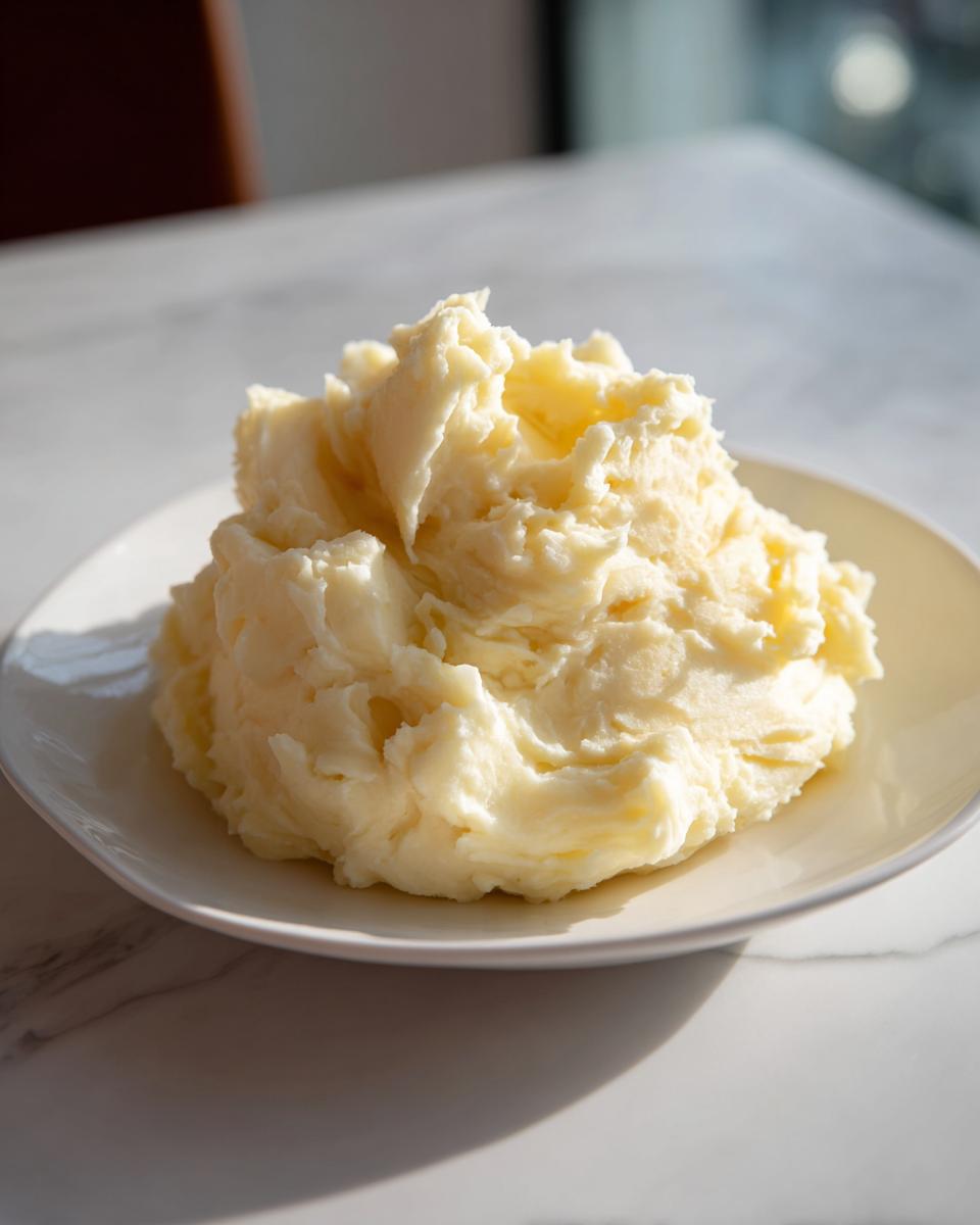 A generous serving of creamy, fluffy mashed potatoes piled high on a white plate.