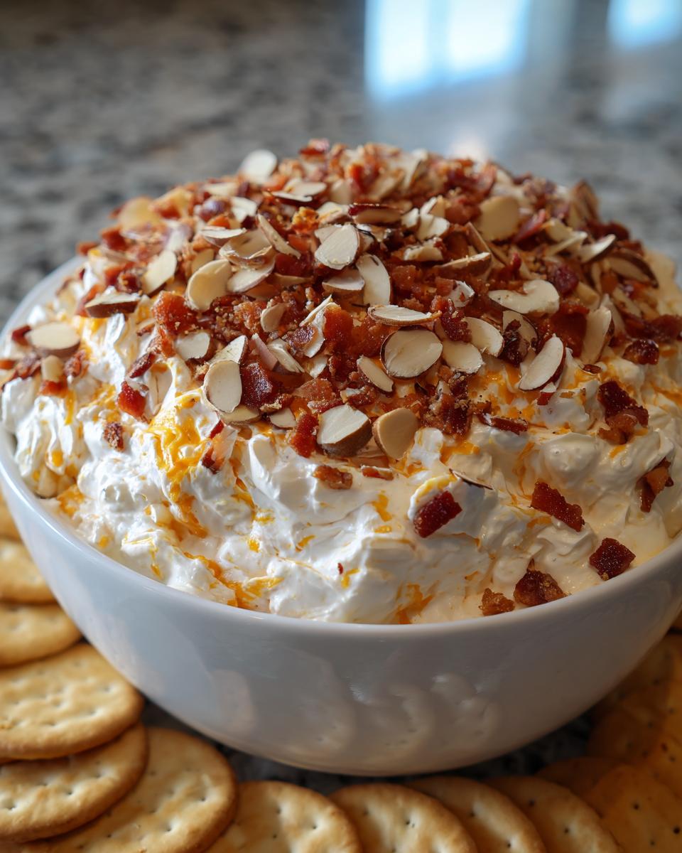 A white bowl filled with creamy Neiman Marcus dip, topped generously with sliced almonds and crumbled bacon, served with crackers.
