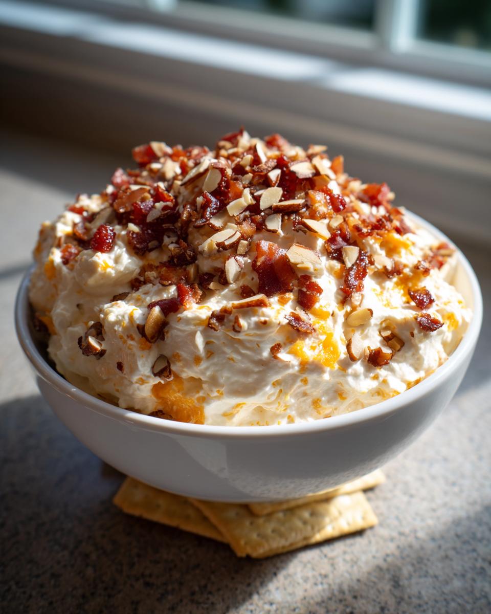 A white bowl filled with creamy Neiman Marcus dip, topped generously with crumbled bacon and sliced almonds, served with crackers.