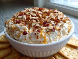 A white bowl filled with creamy Neiman Marcus dip topped generously with slivered almonds and crumbled bacon.