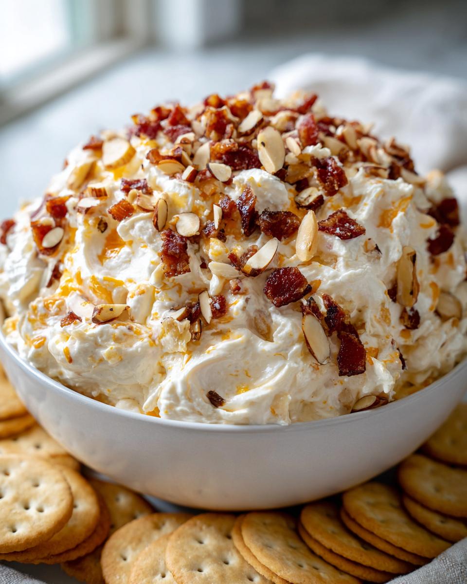 A large bowl of creamy Neiman Marcus dip topped generously with crumbled bacon and sliced almonds, served with crackers.