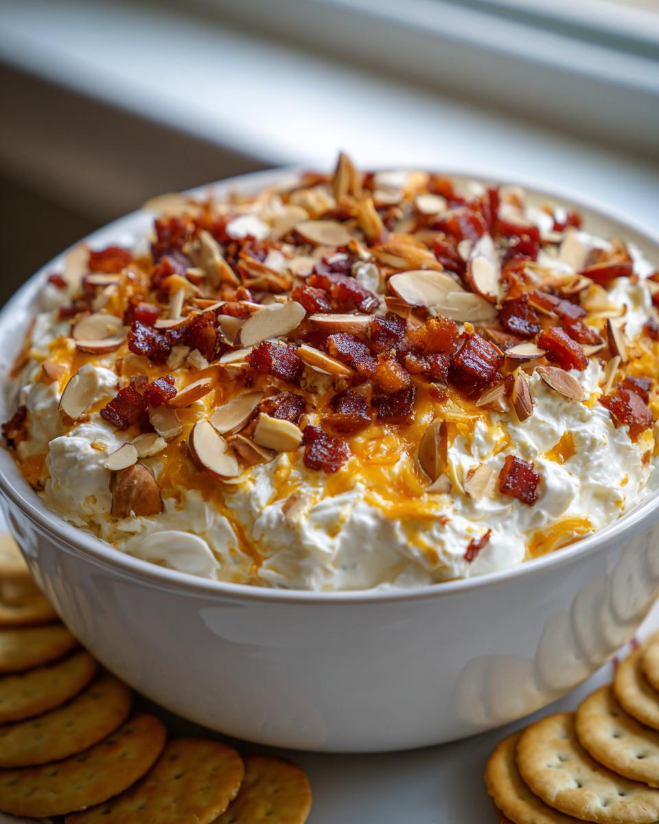 A white bowl filled with creamy Neiman Marcus dip, topped generously with bacon bits, shredded cheddar cheese, and sliced almonds.