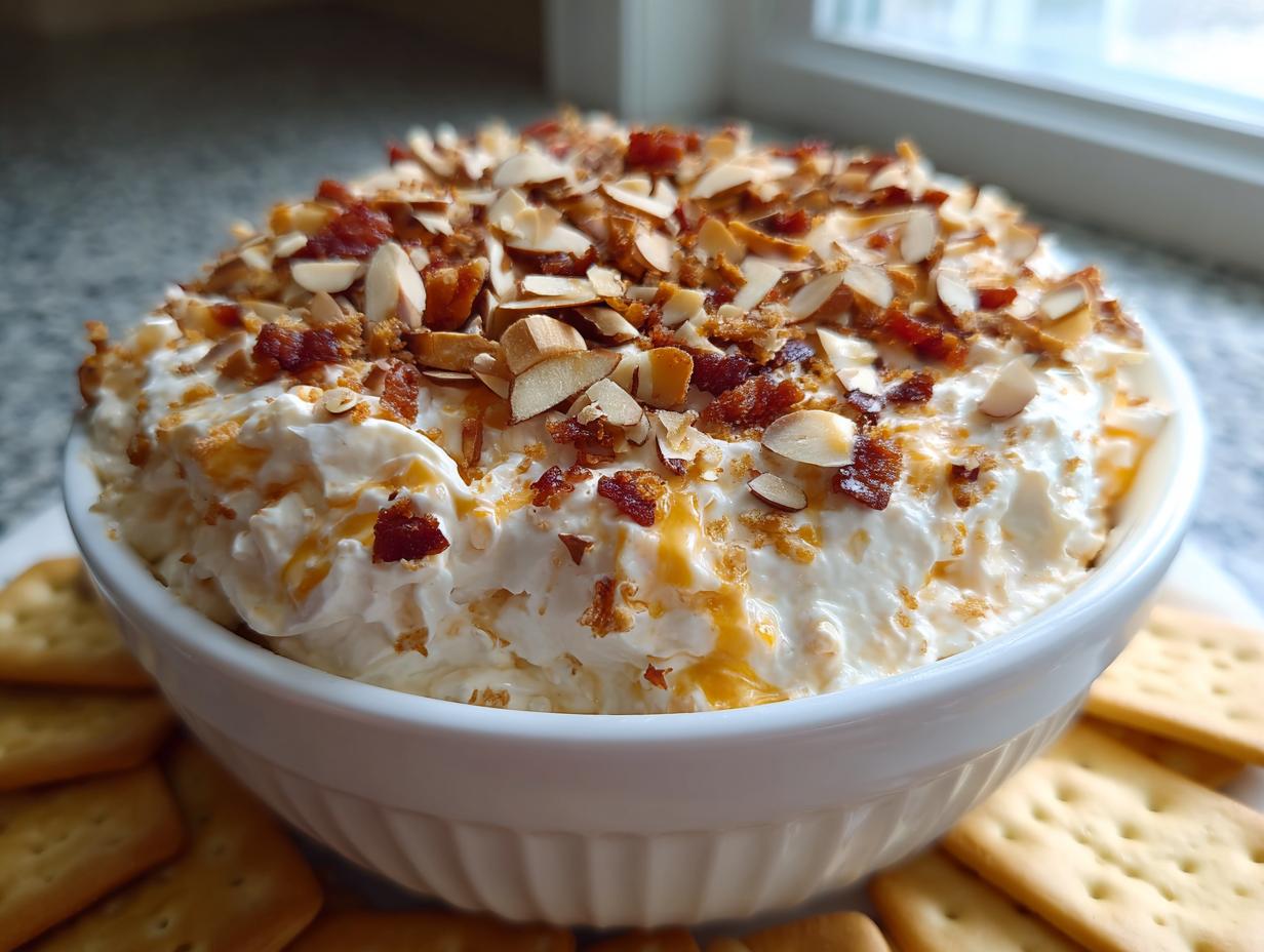A white bowl filled with creamy Neiman Marcus dip topped generously with slivered almonds and crumbled bacon.