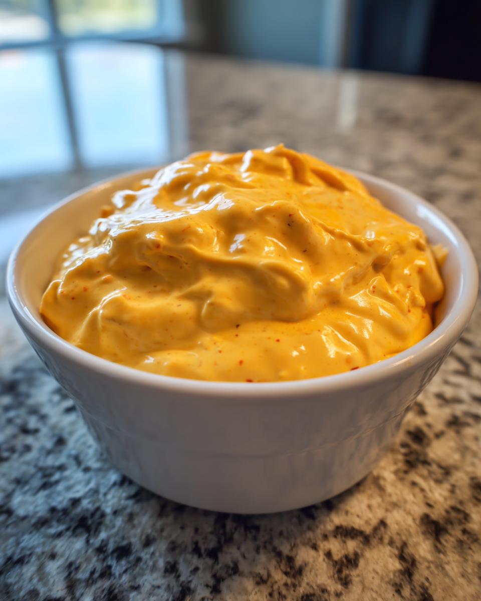A close-up of creamy, orange beer cheese dip served in a small white bowl on a granite countertop.