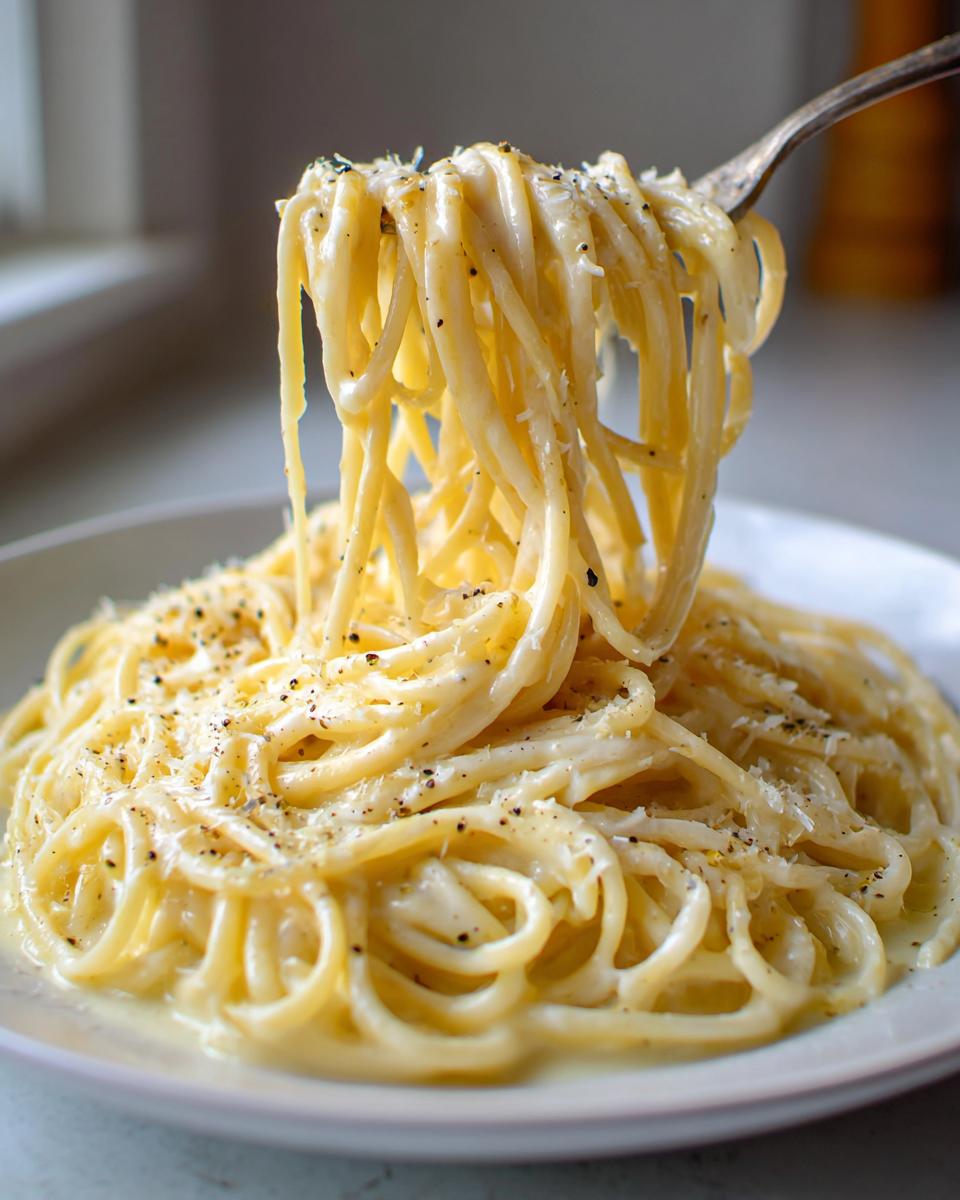 A fork lifts a generous twirl of creamy spaghetti coated in sauce, showcasing the amazing parmesan pasta, topped with fresh cracked black pepper.