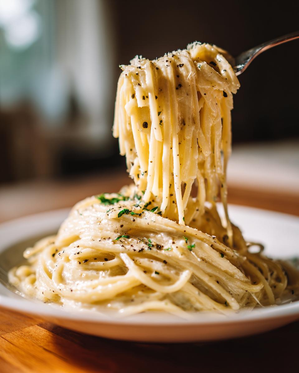 A fork lifting a tangle of creamy parmesan pasta coated in black pepper and herbs from a white plate.