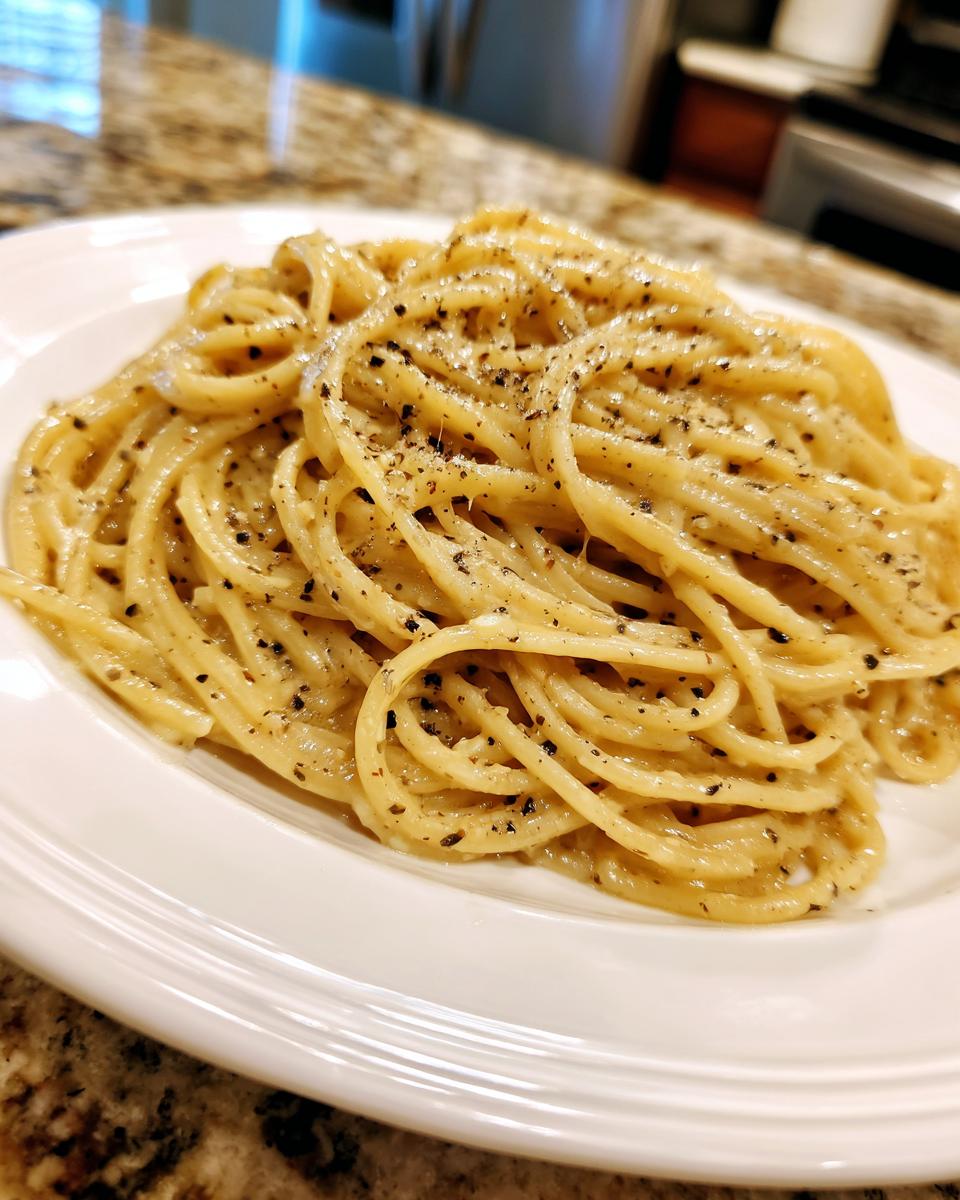 Close-up of creamy parmesan pasta tossed with spaghetti and generously topped with cracked black pepper.
